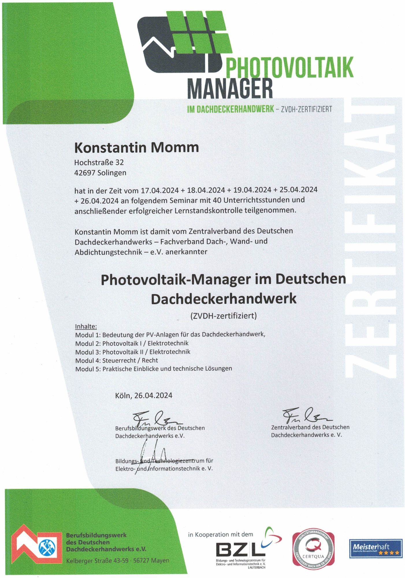 Konstantin Momm ist jetzt Photovoltaik-Manager im Deutschen Dachdeckerhandwerk