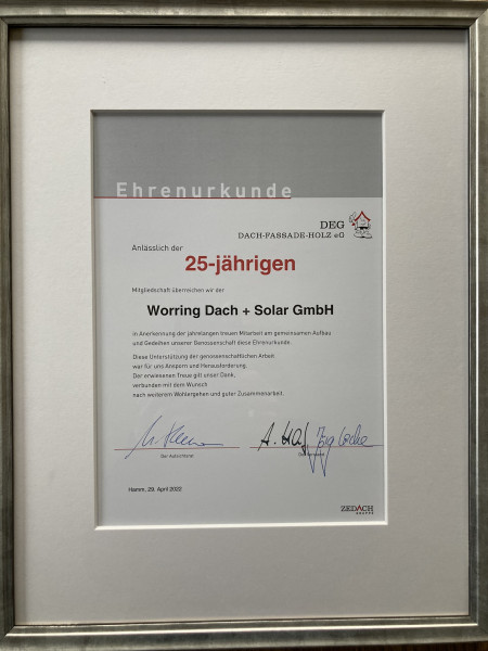 25-jhrige Mitgliedschaft bei der Dach-Fassade-Holz eG
