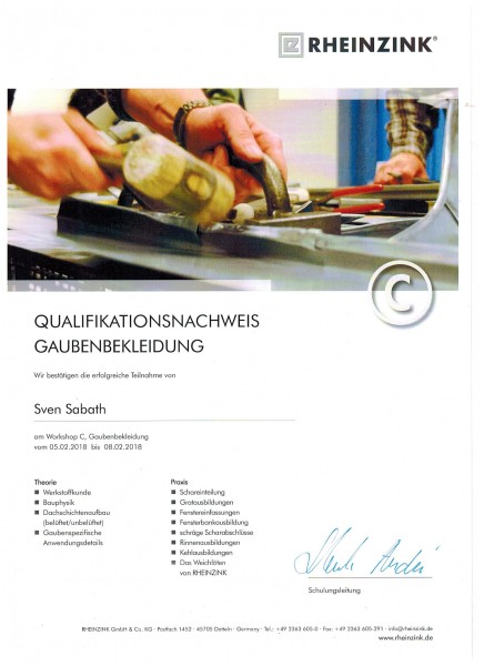 Erfolgreiche Teilnahme am Rheinzink-Workshop Gaubenbekleidung